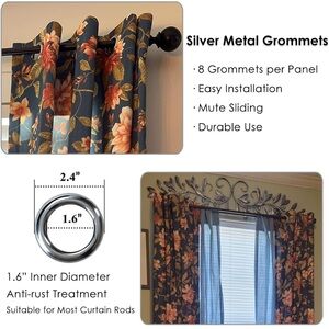 Elodie Navy and Orange Floral Curtain PAIR with Silver Grommets 52X96